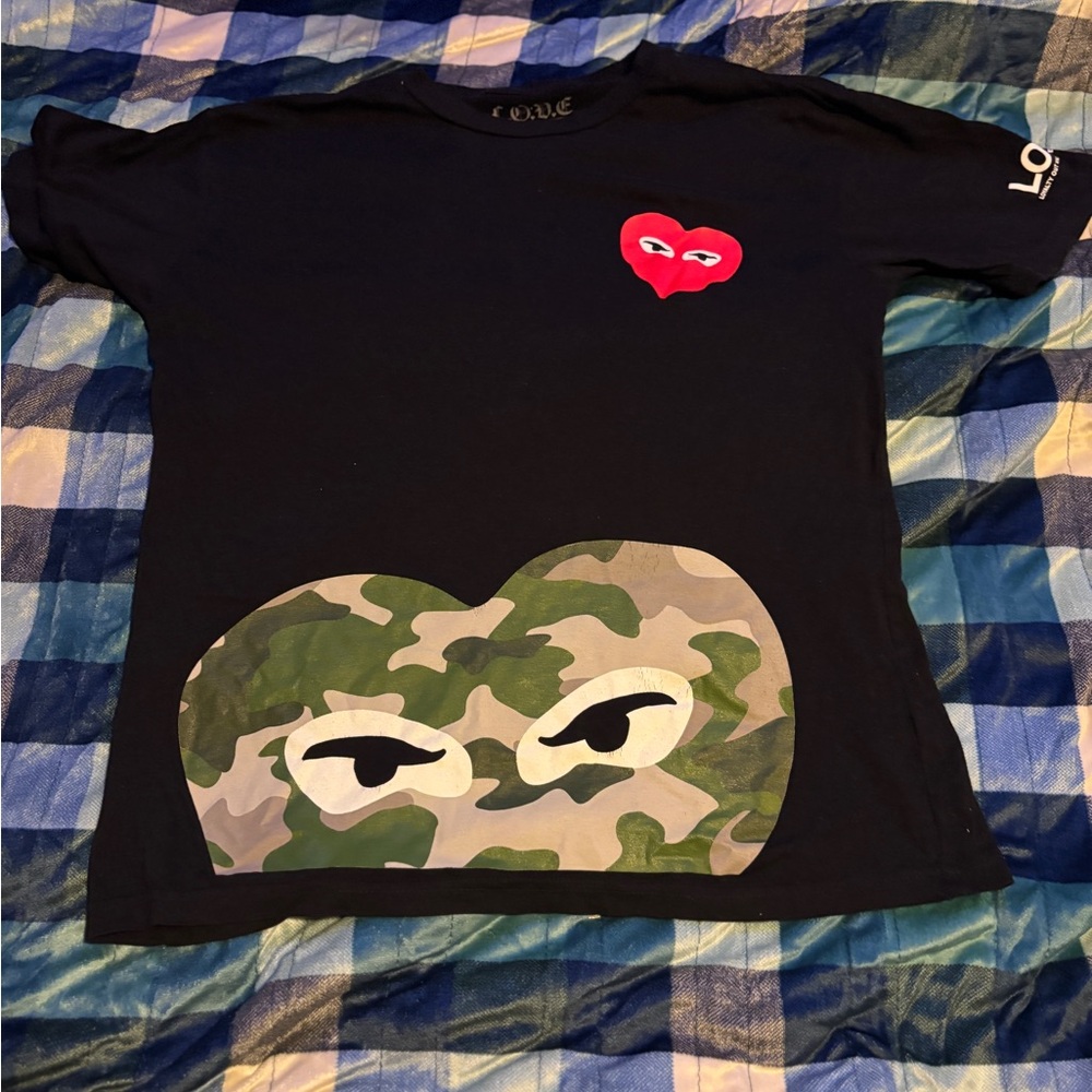 SOLD Comme des Garcons Black T-Shirt with Red and Camouflage Heart